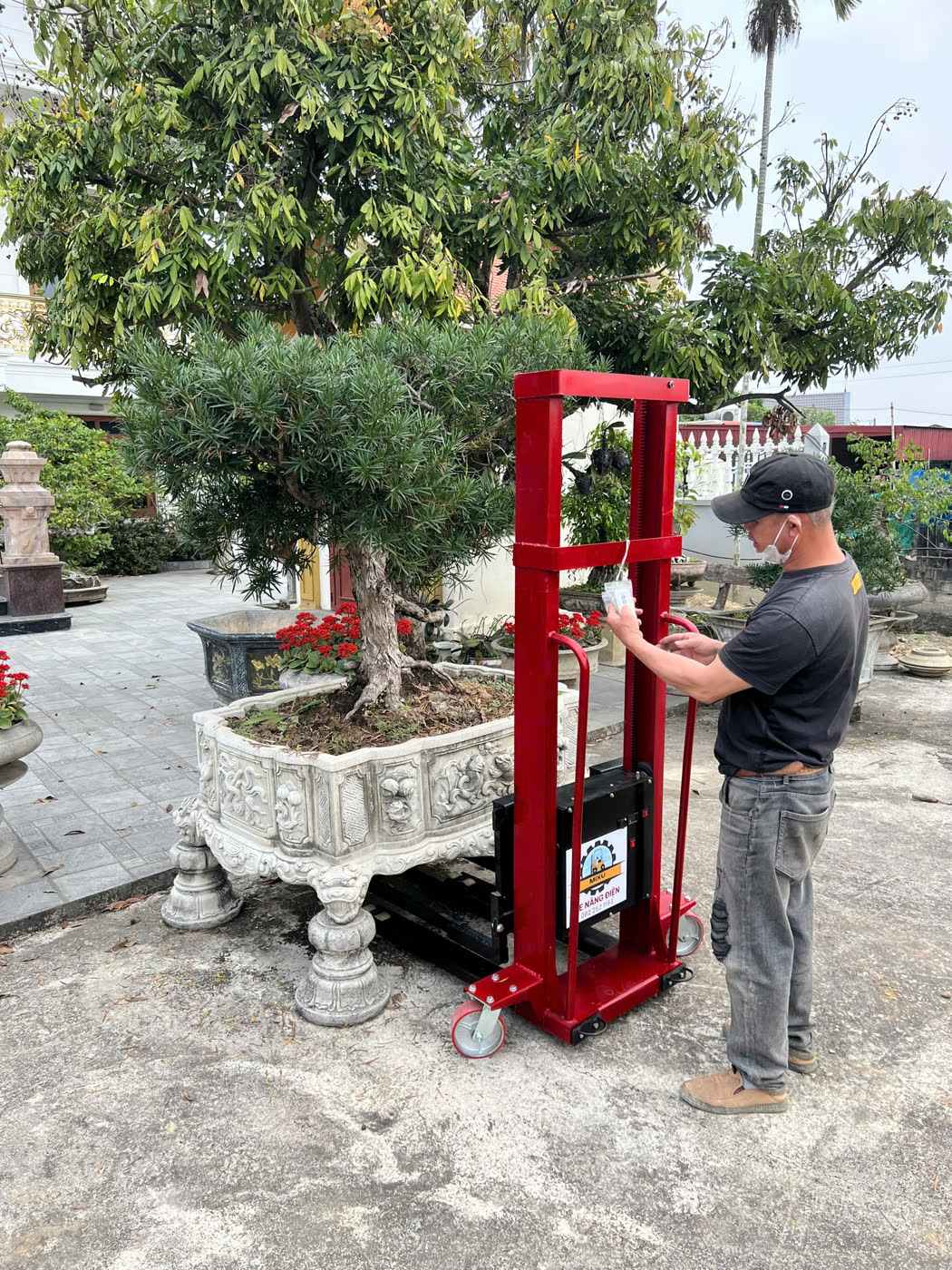Một người nâng chậu đá chạm khắc có cây tùng bằng xe nâng MIXU